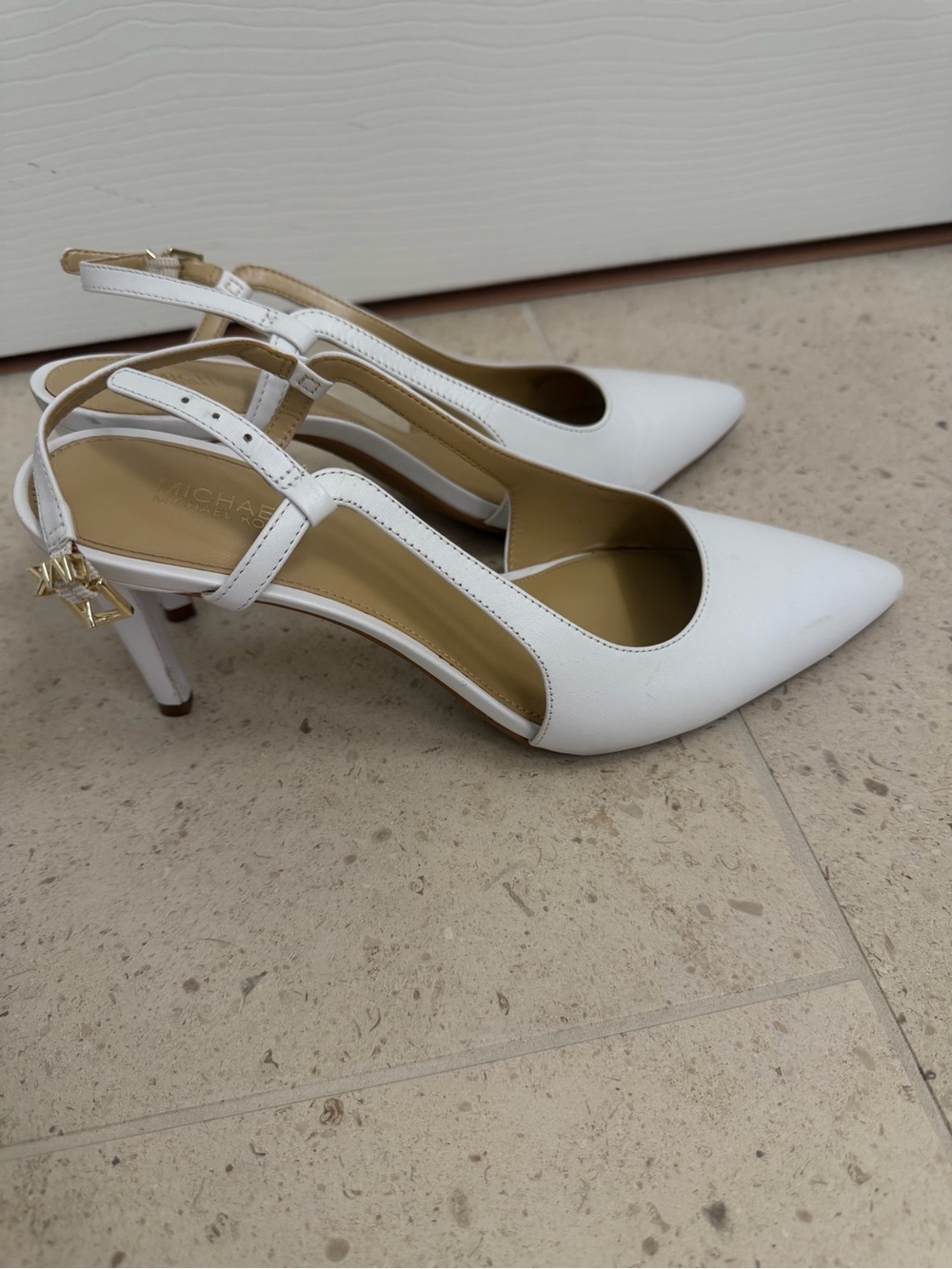 Michael Kors White Pointed-Toe Slingback Heels with Gold Charm